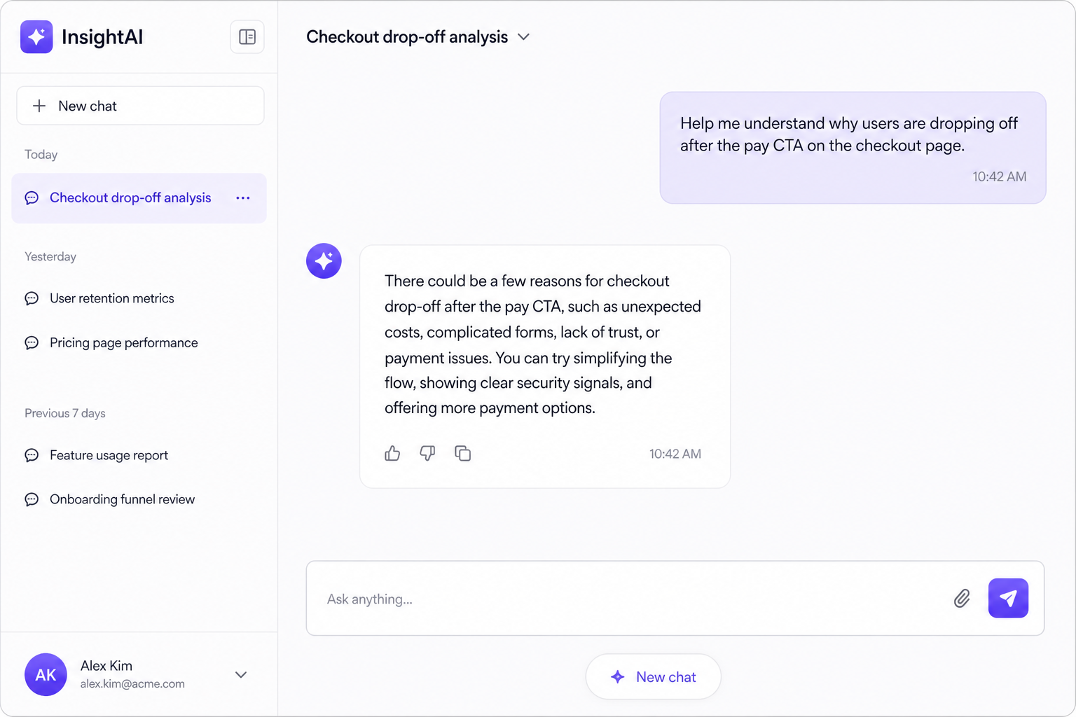 Empty chat session with a generic PRD reply