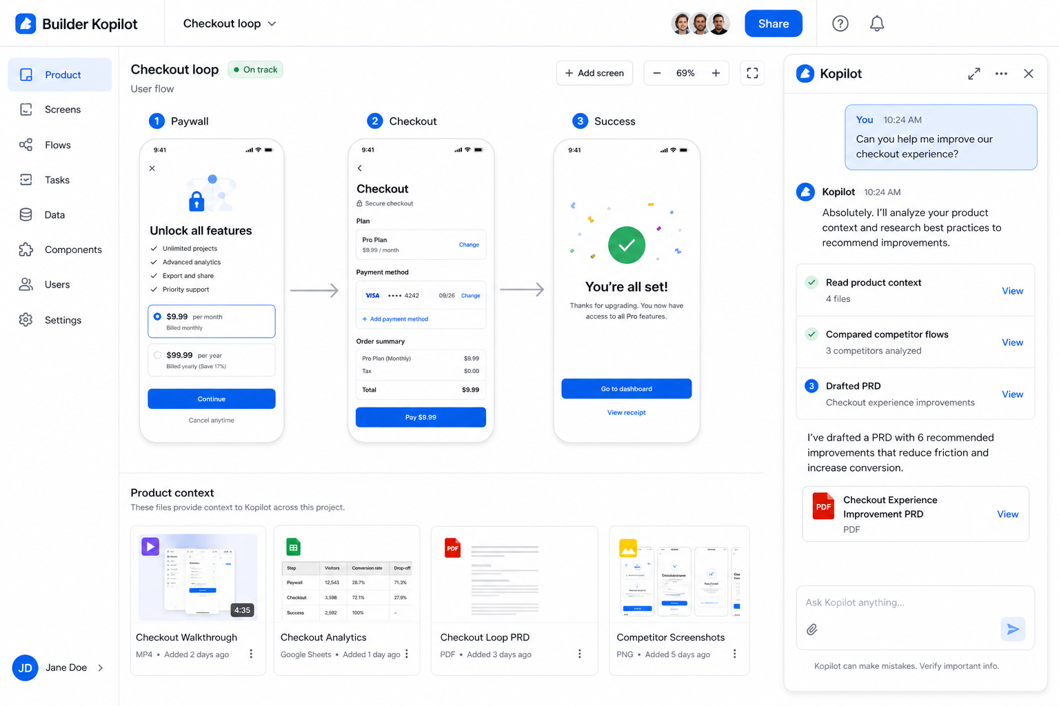 Builder Kopilot workspace with a product flow and copilot chat