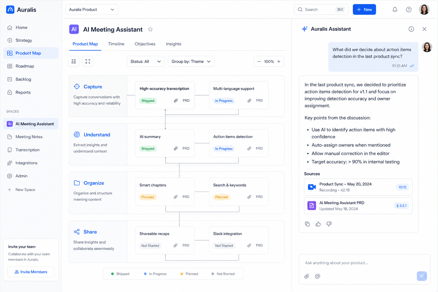 Workspace chat citing a recording and a PRD